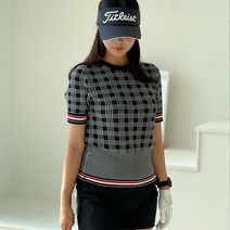 체크 반팔 라운드 니트 필드룩 여성골프웨어 30대