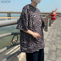 vsyoy 얼룩말 프린트 반팔 티셔츠 남자 여름 22 일 한국 복고풍 하라주쿠 커플 풀오버 풀오버 러프 재킷 남성과 여성 스타일