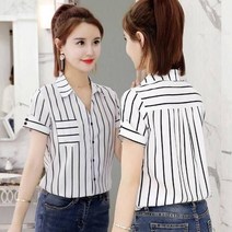 L.ONLIN SHOP여자 반팔 셔츠 스트라이프 여름 블랙 기본 tbm25 오버핏셔츠 여성블라우스 셔츠