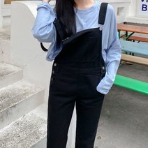 잇진 여성 포켓 멜빵 바지 코튼 일자 팬츠