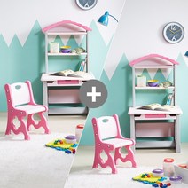 하이지니프로 2세트 책꽂이있는 유아책상의자 / 두아이를 위한 학습 놀이공간 풀세트 / 어린이날선물, 파스텔핑크+파스텔핑크