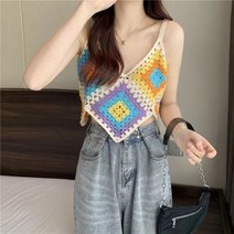 여성 여름 코튼 뜨개질 민소매 브이넥 아웃 멀티 컬러 다이아몬드 스퀘어 빈티지 얇은 슬림 탱크 귀여운 탑