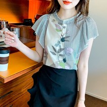 여름 팝아트 프린트 꽃잎 소매 여 디자인 센스 소소 엘레강스 블라우스