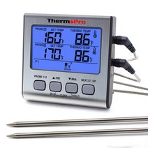 ThermoPro TP17 듀얼 프로브 대형 백라이트 LCD 디스플레이 조리용 음식 주방 온도계, 은색