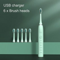 성 음파 전동 칫솔 초음파 자동 진동기 미백 충전식 방수 브러시 헤드, [01] Green 6 heads