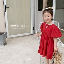 에모베베 어린이 빨간색 치마 여름 중소 소녀 아기 거품 소매 노출 리본 공주 원피스
