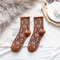 코튼 여성 양말 체크무늬 빈티지 승무원 자수 레트로 긴