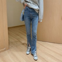 크게 물다 손수 효소수 세탁 하이웨이스트 날씬해 보이는 트임청바지 봄가을 클래식 스판 세미바지 여성 4536429813