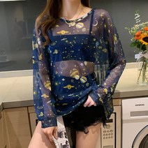 ANIASAI 별이 빛나는 하늘 전체 프린팅 실크 블라우스 티셔츠 여성 2022 스타일 새롭게 와이드한 디자인 얇은 메쉬 탑
