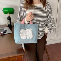 여성 골덴 코듀로이 곰돌이 캐릭터 에코백
