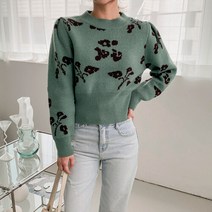 네쥬 여성 봄 가을 포인트 플라워 퍼프 크롭 니트