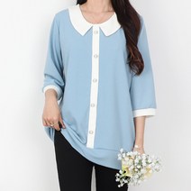 쁘니걸 (55~120)데일리쿨카라T 버튼 배색 여름 쿨 시원한 5부소매 스판 데일리 여성스런 찰랑찰랑 빅사이즈 여성의류 데일리룩