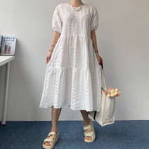 [엘샾] 데일리 베이직 여름 루즈핏 와플 캉캉 롱 원피스
