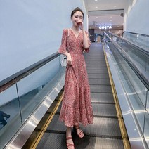 해외여행여름옷 동남아 원피스 브이넥 5부 소매 꽃무늬 롱 드레스 휴양지