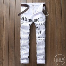 도오빠 제로미 데님 팬츠 슬림핏 면바지 프린팅 화이트 스판 긴바지 봄 가을 남자청바지