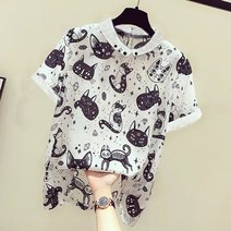 둥근카라블라우스 여성 만화 고양이 프린트 셔츠 작업 사무실 쉬폰 반소매 셔츠 레저 화이트 캐주얼 탑스 blusas femininas