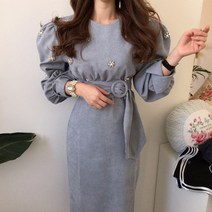 우아하고 여성스러운 라운드 비즈 꽃 장식 벨티드 벌룬 원피스 롱스커트HL1125