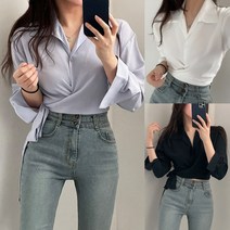 메이킹유 긴팔셔츠 카라넥 랩 크롭 뒷리본포인트 8636레아나블라우스