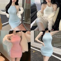 홀터 스트랩 백리스 골지 니트 미니원피스