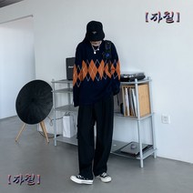 남녀공용 니트 스웨터 맨투맨 가을 겨울 커플룩 커플티 커플 맨투맨 라운드 넥 풀오버 스웨터 다이아몬드 패턴 디자인 니트 스웨터 크리스마스 선물