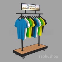의류 매장 일자형 이동식행거 철제 우드 스탠드 상단광고프레임, 대형 광고판 부착_1.2X0.5X1.35m