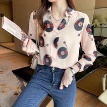 가을 브이넥 셔츠 여 프린트 날씬해 보이는 블라우스 루즈핏 뱃가림 핏 상의 기질 셔츠