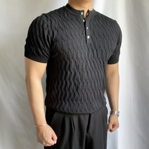 남자 린넨 여름 반팔 머슬핏 카라티 헨리넥 케이블 니트