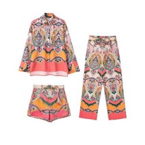TRAF 2022 여성 짧은 s 하이 웨이스트 버뮤다 반바지 세트 여름 Boho 인쇄 미니 스타일 벨트 Streetwear 캐주얼 린넨 짧은105606