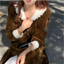 벨벳 레이스 카라 플레어 롱 원피스