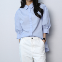 파라노말샵 밀크 언발 트임 셔링 7부 셔츠 블라우스(파라노말샵)