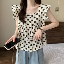 스퀘어넥 땡땡이 도트 코튼 러플 블라우스 프릴 반팔 여름 하늘하늘 샤랄라 보세 캡소매 SY