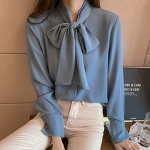 미녹지구 NEW 봄가을 여성 디자인 직업 상의 리본 셔츠 화이트 긴 소매 셔츠