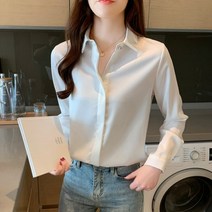 하늘색셔츠 소라색 여성용 새틴 블라우스 긴 소매 실크 풀오버 숙녀 탑스 셔츠