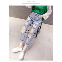 EAGLE PEAK여자 찢어진 청바지 연청바지 스트레이트 디스트로이드진 여름 9부 데님 팬츠