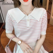 나바바 NK526 여성 세라 스트라이프 빅카라 반팔 니트티