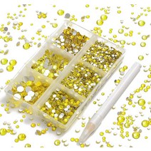 AD Beads 4300피스 플랫 백 네일 아트 라인스톤 라운드 비즈 6가지 사이즈 (26.5mm) 보관 정리함 상자 포함 폰 장식 공예 DIY용 피킹 펜 (혼합 색상) 441, Lemon Yellow