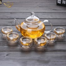 햄볶는스토어 2중잔 6인 유리다기세트 명절 어버이날 집들이 선물 600ml 800ml 티포트 유리잔 모두 포함/ 꽃차(육수다시) 티백 10개 사은품 증정, 세트1)티포트+유리잔6개