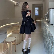 브라이덜샤워 원피스 빅사이즈 Plump Girls새로운 봄 가을 디자인 센스 틈새 일본 스위트 블랙 보우 긴팔 드레스 큰 사이즈 2022
