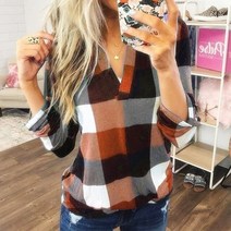 블라우스 여름 빈티지 클래식 격자 무늬 프린트 v 넥 긴 소매 캐주얼 접착제 풀오버 셔츠 패션 대형 Femme