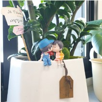 신혼부부선물 차량용 자동차 모니터 미니 피규어 화분 네비게이션 대시보드 장식 커플 집들이 데코 인형 선물, 01(풍선X) 나란히 파란모자