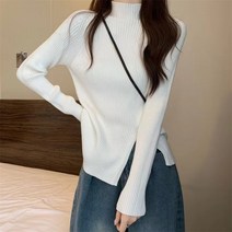러블로어 여성용 가을 겨울 데일리 슬림 반하이넥 골지 트임 단추 긴팔 니트