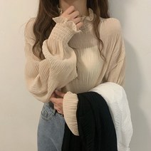 여성 하이넥 주름 쉬폰 블라우스/3컬러