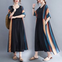 녕동 여름 여성의류 빅 사이즈 반팔 원피스 여름 여성 줄무늬 롱 스커트 +사은품