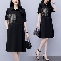 나드리 여자 빅사이즈 카라넥 반오픈 배색 셔츠 허리 스트링 원피스
