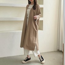 브이와이 여자 가을 노버튼 트임 오버핏 면 롱 가디건 자켓