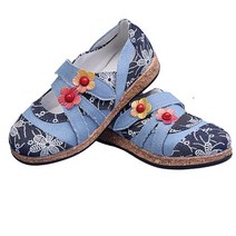 오르간슈즈 여성용 빈티지 가죽 보헤미안 플랫 슈즈 부드러운 바닥 디자인 라운드 토 믹스 컬러 플라워 패션, 없음, 16.파란 - 36