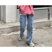 20대 여성 이쁜 하트 프린팅 일자핏 청바지 기모바지