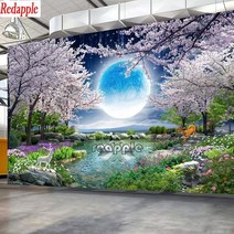 실십자수 달 벚꽃 나무 자연 풍경 diy 다이아몬드 자수 다이아몬드 유럽 보석십자수, 원형 드릴 25x50cm