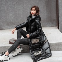 여성 롱패딩 코트 QingWen 패딩 후드 반짝 이는 솔리드 컬러 롱 코튼 경량 패딩 코트 여성 겨울 대형 경량