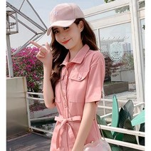 Momolatti 여성 반팔 카라 포켓 버튼 점프수트